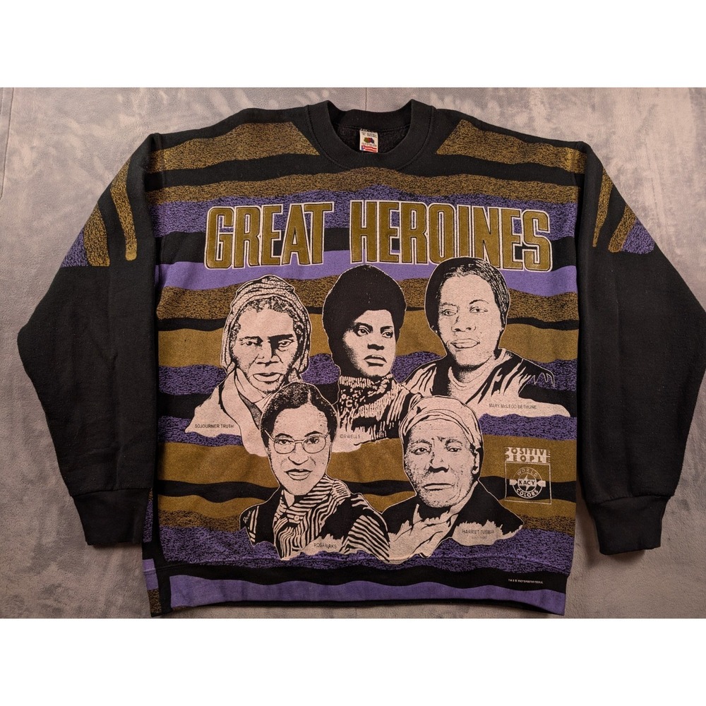 VTG 90s Kacy World Colors Great Heroines AOP Positive People Crewneck Black XL